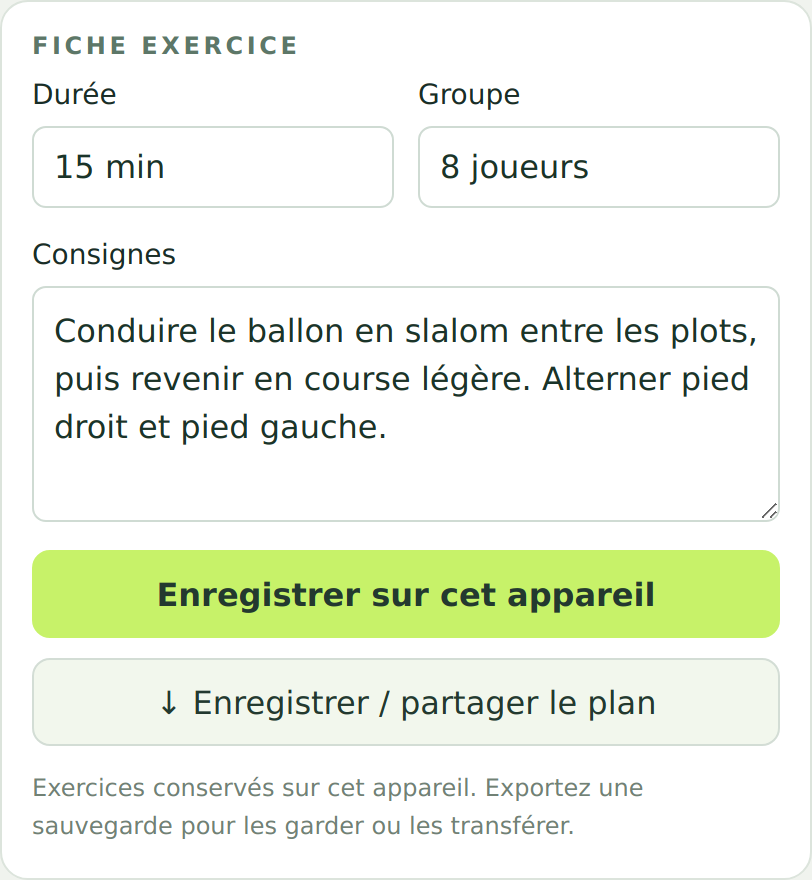 Fiche exercice avec durée, groupe, consignes et boutons pour enregistrer et partager