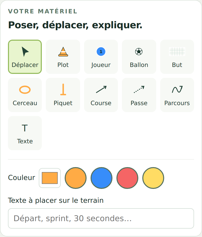 Palette du matériel : déplacer, plot, joueur, ballon, but, cerceau, piquet, course, passe, parcours et texte